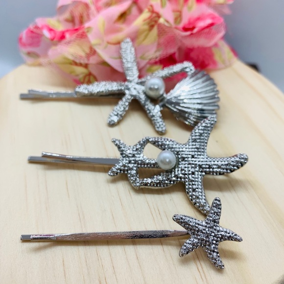 Silver Set of Three Starfish Hair Clips - Picture 3 of 5